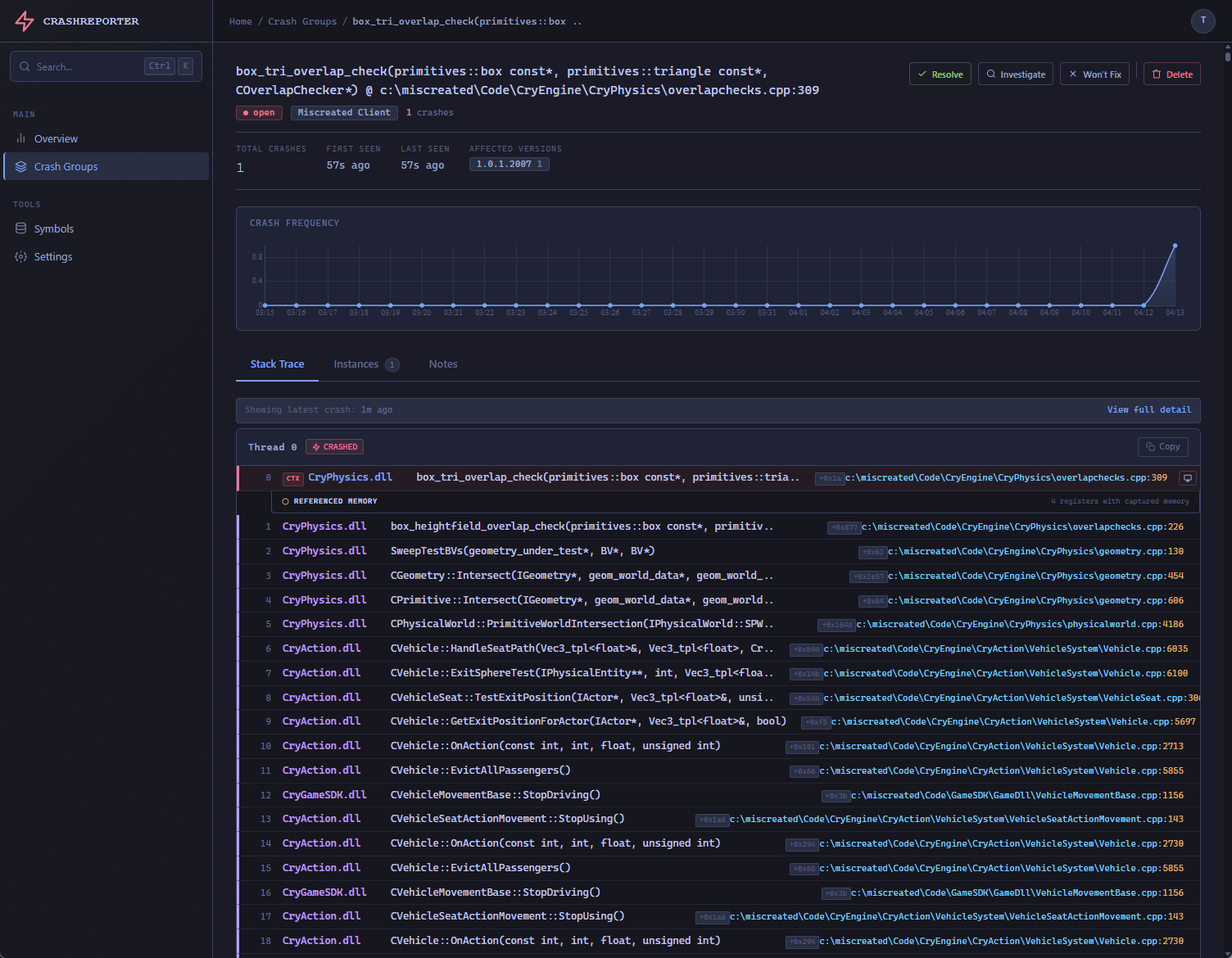 Example crash report showing stack trace, module symbols, and frequency graph